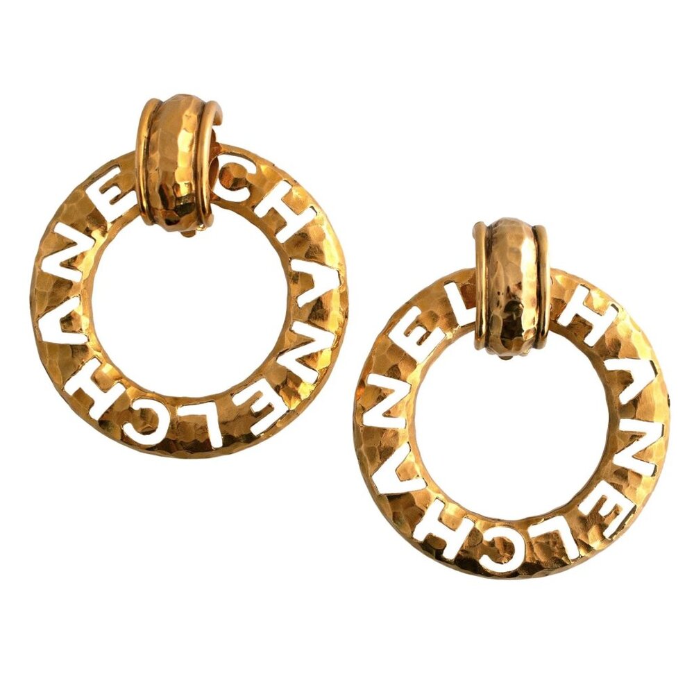 Vintage auth CHANEL Door Knocker Hoop Earrings – 1980s Signed CHANEL